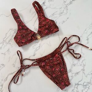 Kulani Kinis Ring Contour Crop Top + Tie Ruched Thong Bottoms - Wild Rose